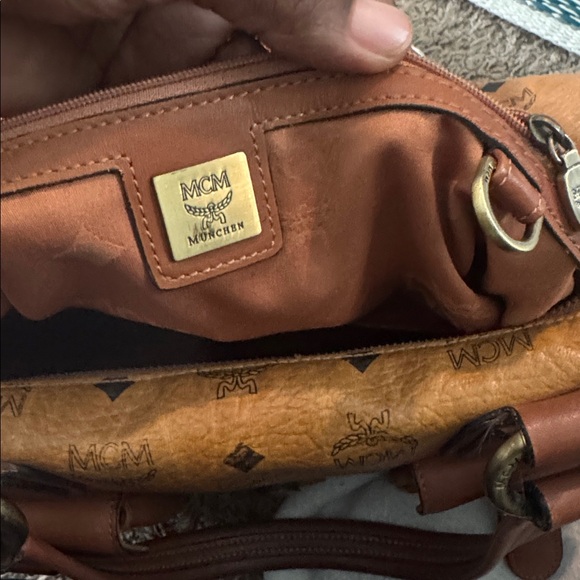 MCM Cognac Logo Double Pocket Satchel in Tan - Picture 12 of 13